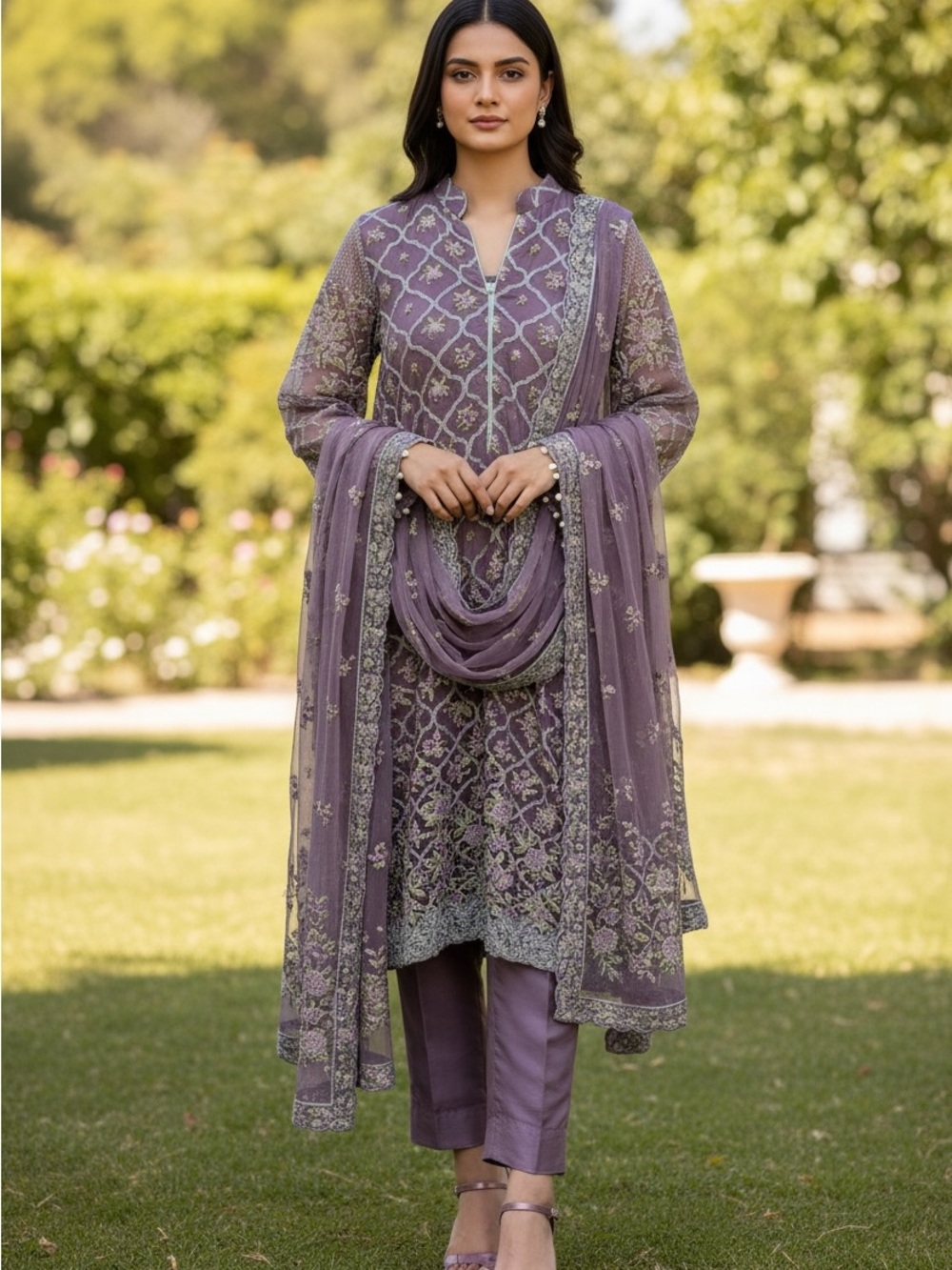 3 piece Embroidered Lavender Women's Kurta Set